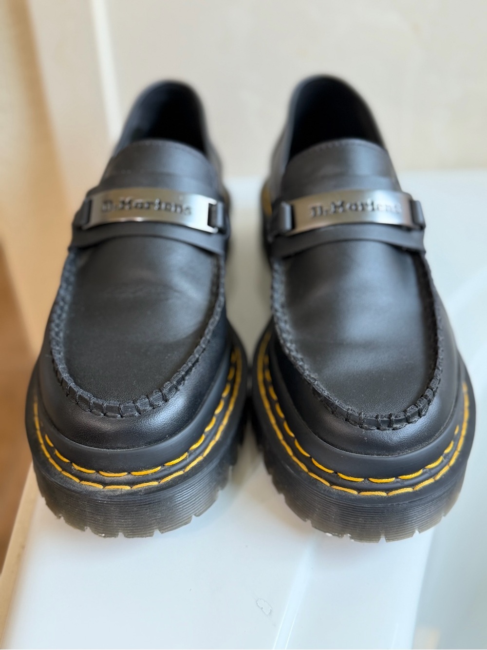 Dr. Martens Black Leather Loafers with Yellow Welt Stitching